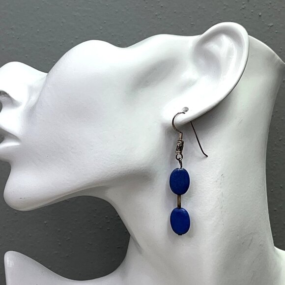 Blue Stone Dangle Earrings Silver Bead Hook - Picture 2 of 4